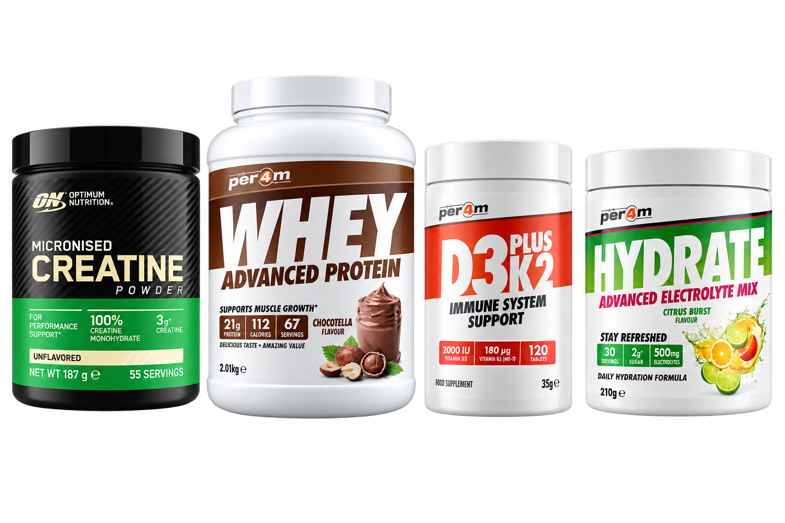 50-Day Academy Supplement Bundle with creatine, whey protein, vitamin D3 plus K2 and electrolytes